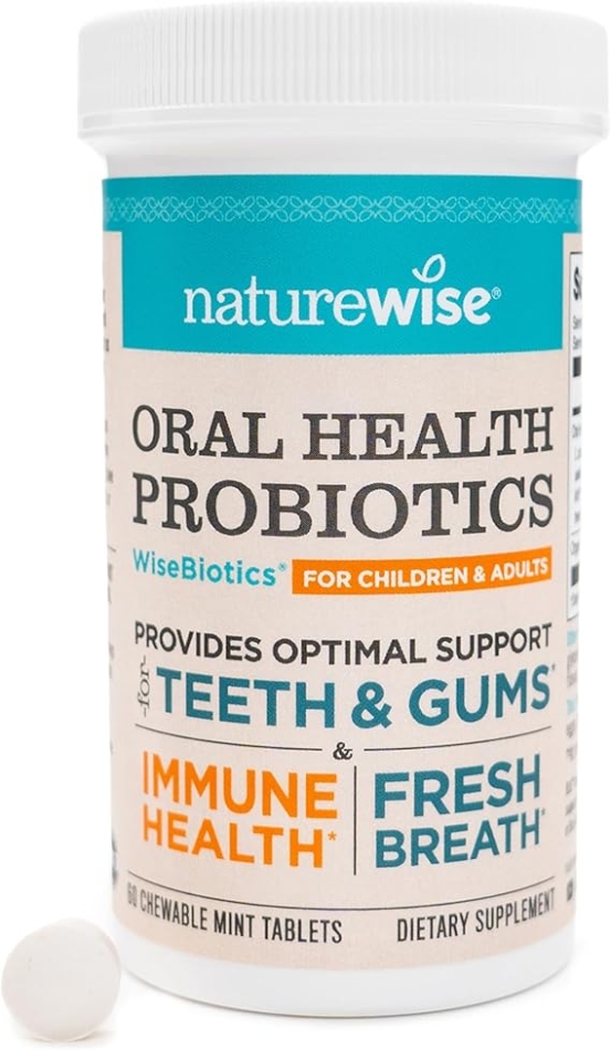 NatureWise Oral Probiotics for Mouth Bad Breath - Chewable Sugar-Free Mint - Lactobacillus reuteri Chewable - Oral Probiotics For Kids & Adults - Non-GMO USA Manufactured - 60 Count[60-Day Supply]