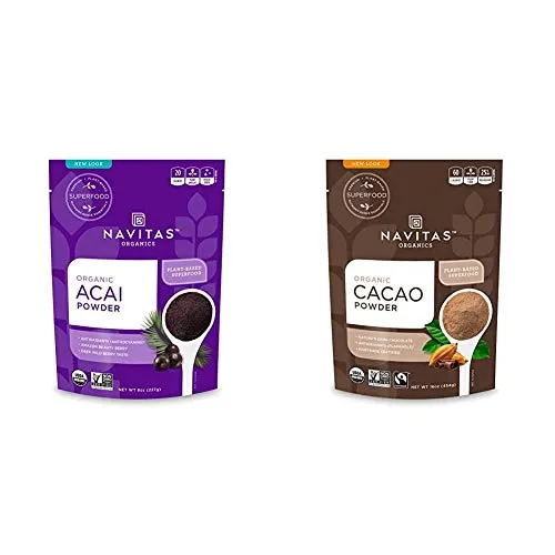 Navitas Organics Acai Powder, 8 oz. Bag ï¿½ Organic, Non-GMO, Freeze-Dried, Gluten-Free & Cacao Powder, 16oz. Bag - Organic, Non-GMO, Fair Trade, Gluten-Free