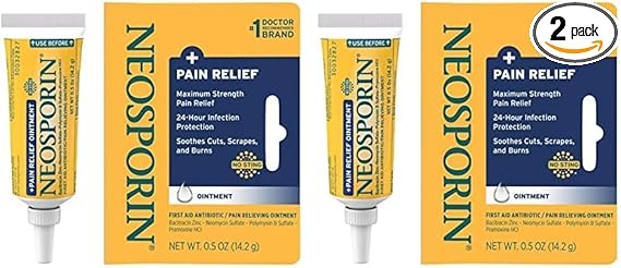 Neosporin + Maximum-Strength Pain Relief Dual Action Antibiotic Ointment with Bacitracin Zinc 0.5 Oz (Pack of 2)