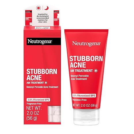 Neutrogena Stubborn Acne AM Face Treatment with 2.5% Micronized Benzoyl Peroxide Acne Medicine, Oil-Free Daily Facial Treatment to Reduce Size & Redness of Breakouts, Paraben-Free, 2 oz