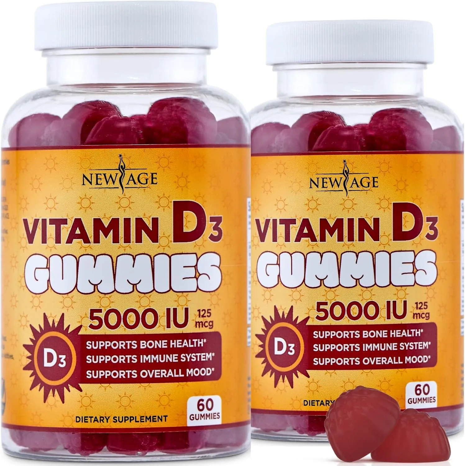 NEW AGE Vitamin D3 5000 IU 125mcg Gummies - Support Immune Support, Strong Bone Health - Non-GMO, Gluten-Free, Dairy-Free, No Gelatin (120 Gummies (Pack of 2))
