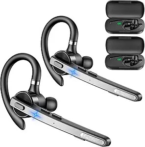 New Bee 2 Pack Bluetooth Headset V5.1 72H Talktime Wireless Bluetooth Earpiece for Cellphone with 500mah Charging Case Dual Mic Noise Cancelling Hands-Free for Office Driver (2)