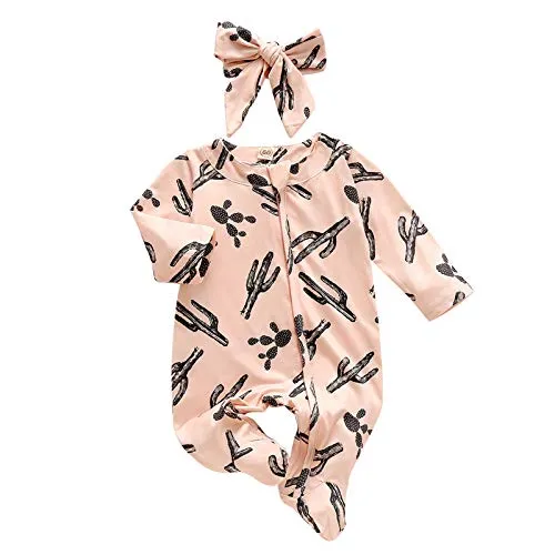 Newborn Baby Girls Sleep & Play Organic One-Piece Romper Jumpsuit Pj Zip Front Footed Pajama Set with Headband (Cactus,3-6 Months)