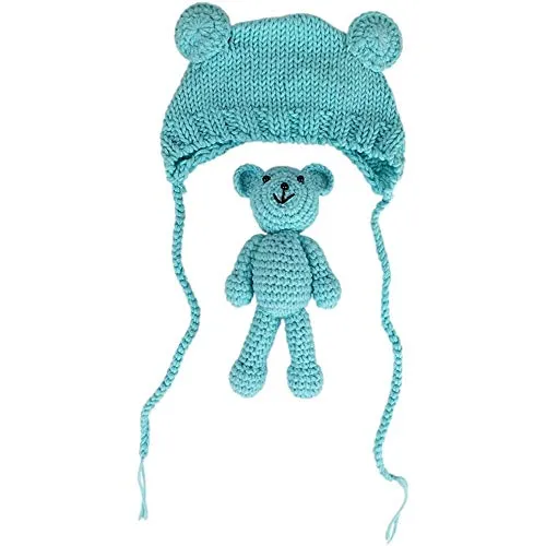 Newborn Baby Photo Shoot Props Boys Girls Crochet Knitted Hat Bear Hat Beanie with Bear Dolls Photography Props Blue