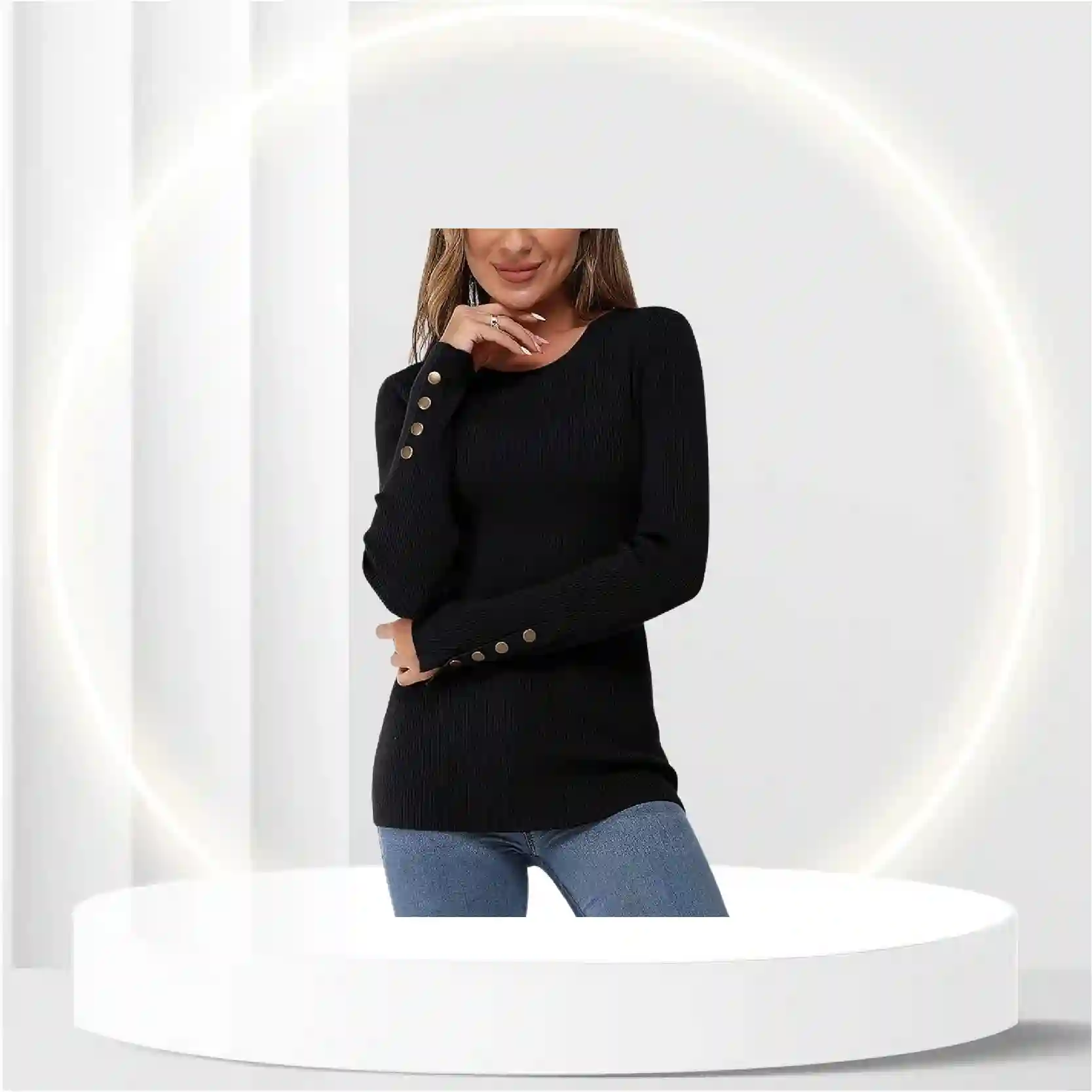 Newshows Women's Solid Long Sleeve Knit Crew Neck Knit Casual Chic Button Stretch Pullover Sweater Tops Fall Fashion 2023(Black,Small)