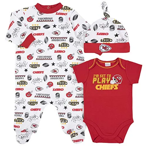 NFL Kansas City Chiefs 3 Pack Bodysuit Sleep n Play Footie Cap Registry Gift Set, red/white Kansas City Chiefs, 0-3M
