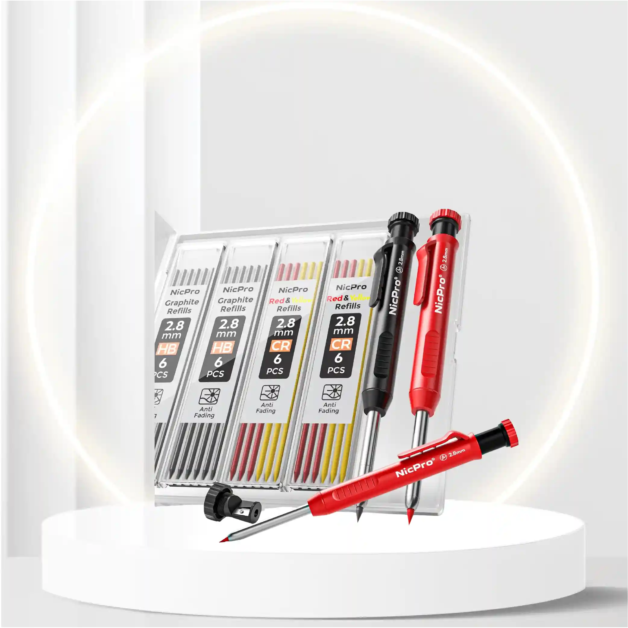 Nicpro Carpenter Pencil with Sharpener, Mechanical Pencils Set with 26 Refills, Deep Hole Marker for Construction, Heavy Duty Woodworking Pencils for Architect (Black, Red) - With Case