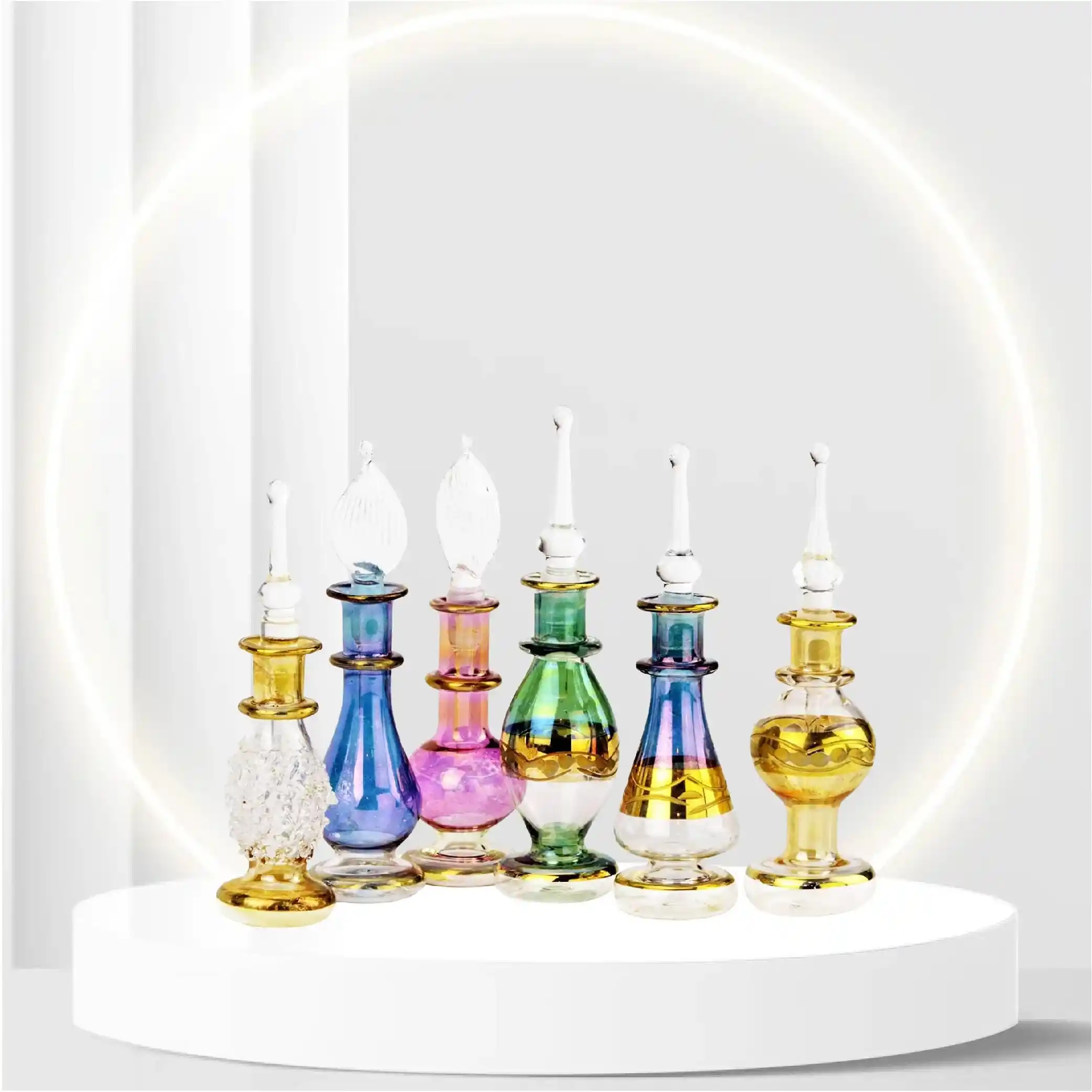 NileCart Egyptian Perfume Bottles Wholesale Set of 6 Size 2ï¿½ (5 cm) Mouth-Blown with Handmade Golden Egyptian Decoration for Perfumes & Essential Oils