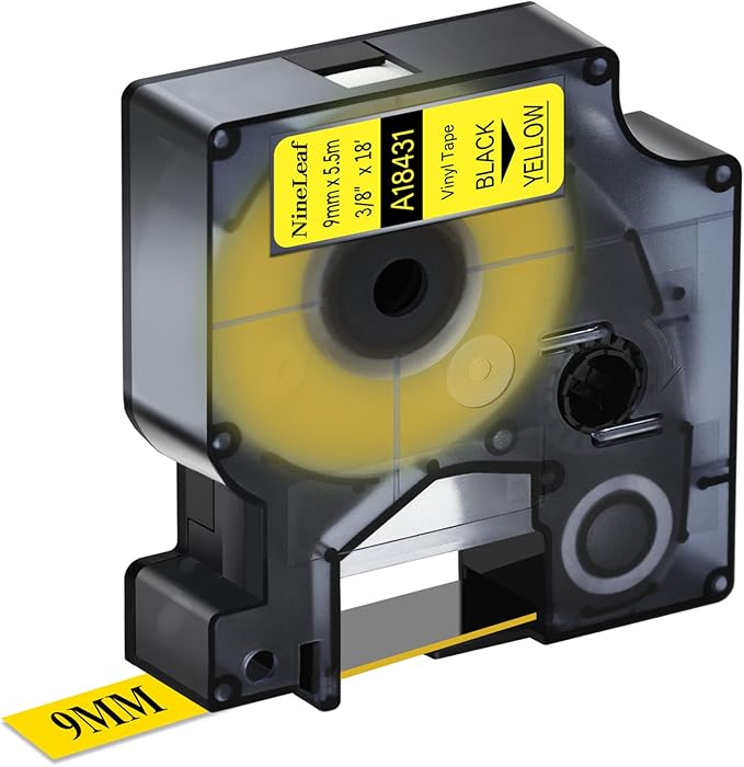 NineLeaf 1 Pack Black on Yellow Vinyl Permanent Industrial Label Tape Compatible for DYMO 18431 9mm(3/8
