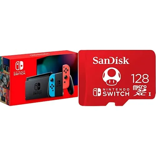 Nintendo Switch with Neon Blue and Neon Red JoyâCon - HAC-001(-01) + SanDisk 128GB MicroSDXC UHS-I Card