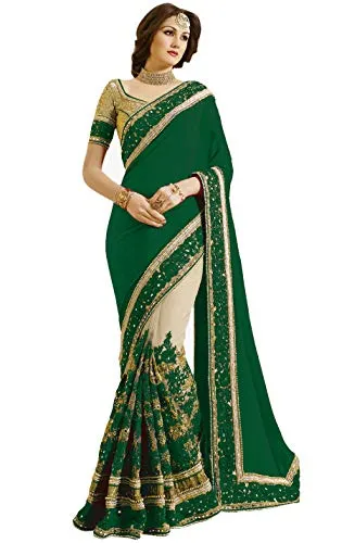 Nivah Fashion Women's Satin & Net Embroidery Work Saree with Blouse Piece (Green)