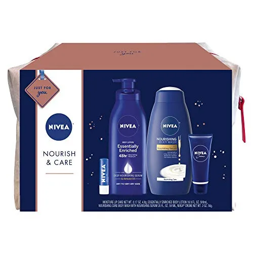 NIVEA Nourish & Care Gift Set, 4 Piece Skin Care Set - Body Lotion, Body Wash, Lip Balm and Creme, Travel Bag Included