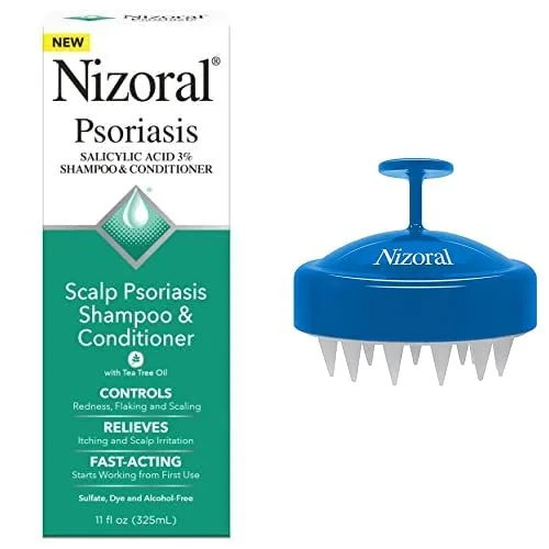 Nizoral Scalp Psoriasis Shampoo & Conditioner, 11 Ounce and Scalp Massager Brush Bundle
