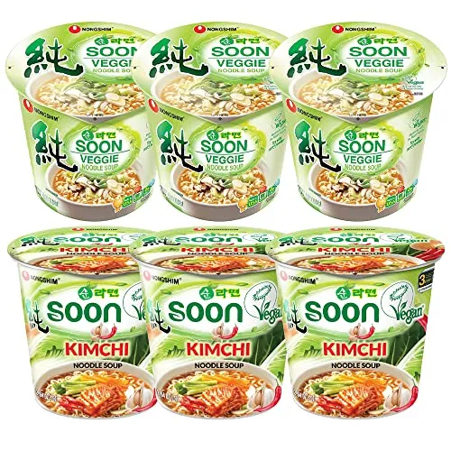 Nongshim Soon Cup Noodle Soup Combo Pack (Soon Veggie Noodle Soup 3 Packs + Soon Kimchi Noodle 3 Packs) / Total 6 pack