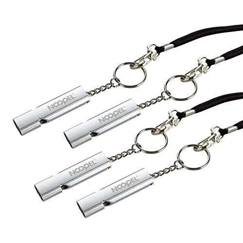 Noopel Emergency Whistles Lifeguard Safety Whistle with Lanyard and Keychain for Outdoor Camping Hiking Boating Hunting Fishing Kayak Kids Rescue Signaling Loud Survival Whistle (4 Pack Silver)