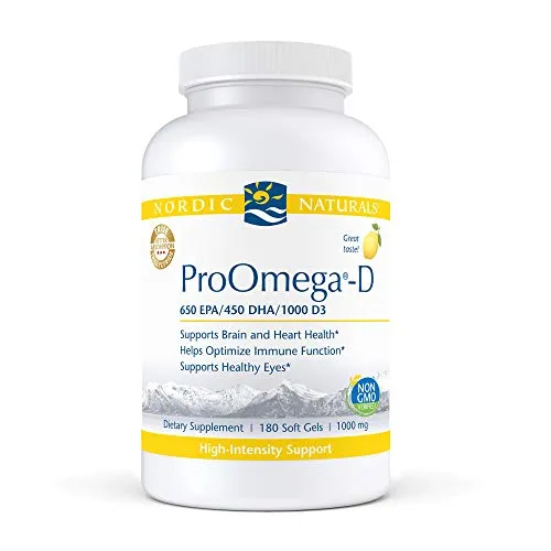 Nordic Naturals ProOmega-D - 1280 mg Omega-3 + 1000 IU D3 - High-Potency Fish Oil - EPA & DHA - Brain, Eye, Heart, Joint, & Immune Health - Lemon Flavor - 180 Soft Gels (90 Servings)