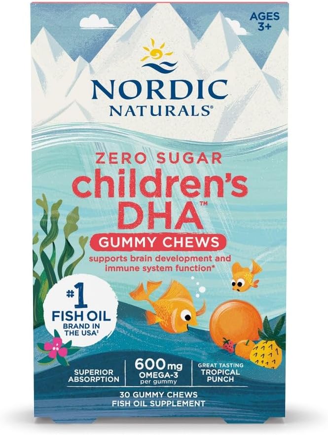 Nordic Naturals Zero Sugar Childrenâs DHA Gummy Chews, Tropical Punch - 30 Gummy Chews for Kids - 600 mg Total Omega-3s - Brain Development, Learning, Healthy Immunity - Non-GMO - 30 Servings