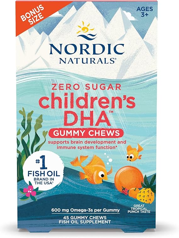 Nordic Naturals Zero Sugar Childrenâs DHA Gummy Chews, Tropical Punch - 45 Gummy Chews for Kids - 600 mg Total Omega-3s - Brain Development, Learning, Healthy Immunity - Non-GMO - 45 Servings