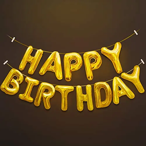 Novelty Place Happy Birthday Balloons Banner - Large Inflatable Aluminum Foil 3D Letters Banners for Kids and Adults Birthday Party Supplies and Decorations - Gold