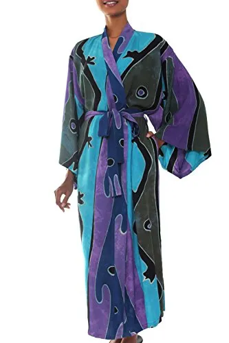 NOVICA Purple Women's Batik Long Robe, Seaside Blue' (One Size Fits Most)