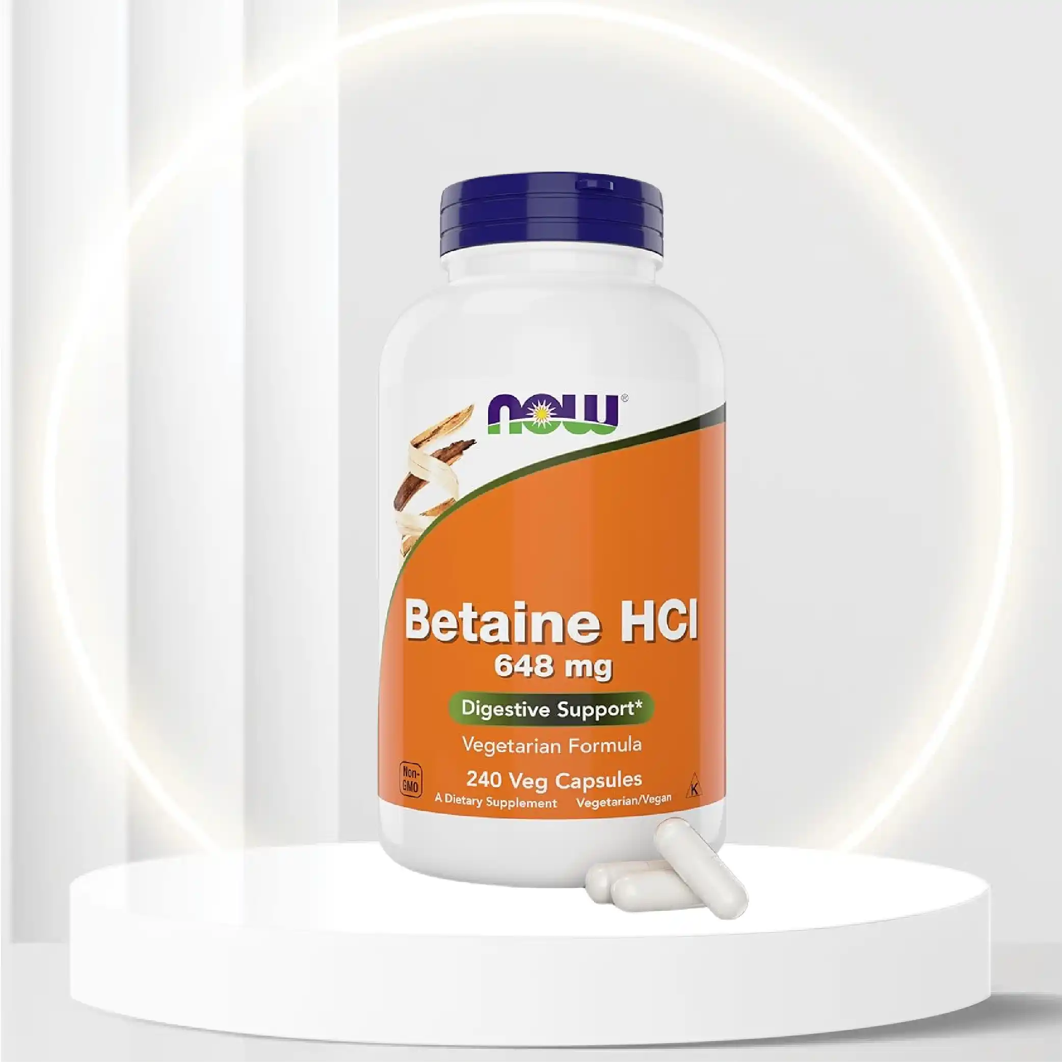 Now Betaine HCl 648mg 240 Veg Capsules - Digestive Enzymes Supplement - Enhanced with Pepsin Protease for Protein Digestion Support