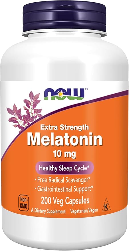 NOW Foods Supplements, Melatonin, Extra Strength 10 mg, Free Radical Scavenger*, Healthy Sleep Cycle*, 200 Veg Capsules