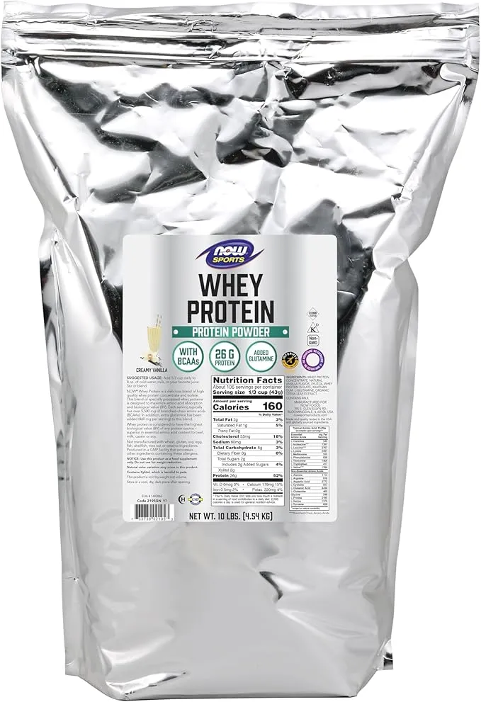 NOW Sports Nutrition, Whey Protein, 26 G With BCAAs, Creamy Vanilla Powder, 10-Pound