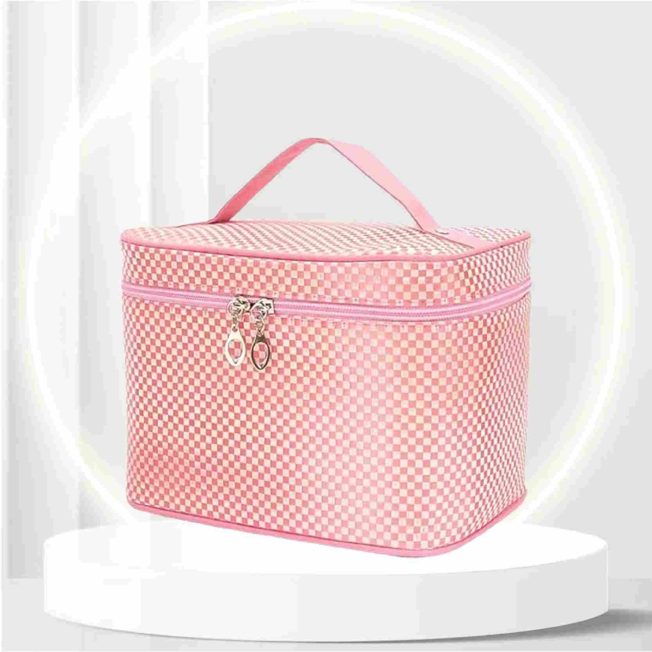 NuAngela Travel Makeup Bag, Portable Toiletry Cosmetic Bags For Women and Girls, Large Make Up Case Zipper Pounch, Water Proof Cosmetics Accessories Organizer (Pink plaid)