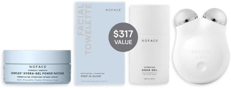NuFACE MINI+ Microcurrent Facial Device Ultimate Uplift Holiday Kit - Brilliant White Face Sculpting & Contouring Device with Aqua Gel, Power Patches, Prep-N-Glow Skin Care Wipes & Luxe Gift Box