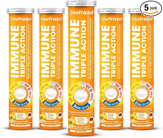 nutrazul Immune Triple Action Effervescent Tablets with Vitamin C 1000mg, Vitamin D, Zinc, Support Daily Routine, Gluten-Free, Sugar-Free, Lactose-Free, Orange Flavor, 20 Tablets (Pack of 5x20)