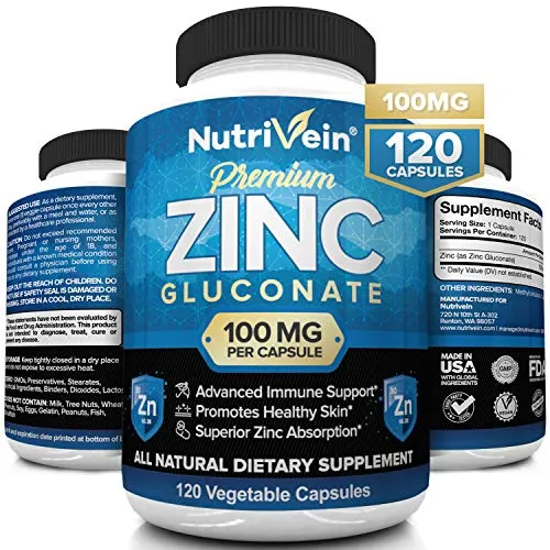 Nutrivein Premium Zinc Gluconate 100mg - 120 Capsules - Immunity Defense Boosts Immune System & Powerful Antioxidant - Promotes Healthy Skin and Acne Defense - Essential Elements for Absorption