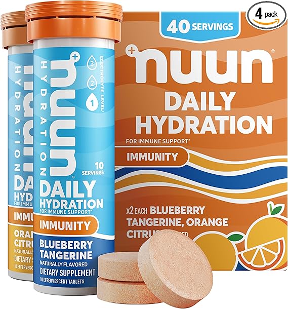 Nuun Immunity: Immune Support Hydration Supplement, Electrolytes, Antioxidants, Vitamin C, Zinc, Turmeric, Elderberry, Ginger, Echinacea - Blueberry Tangerine + Orange Citrus - 4 Tubes (40 Servings)