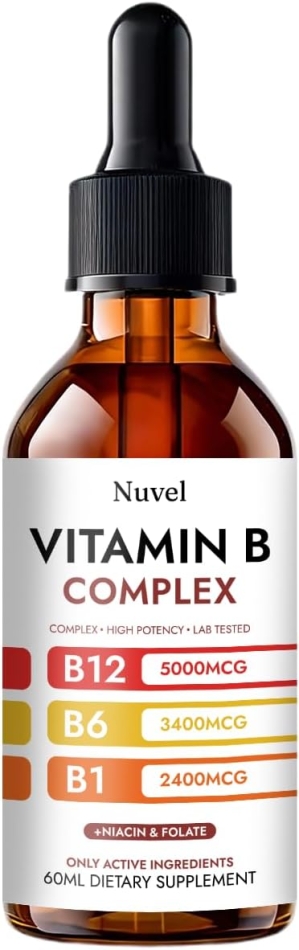 Nuvel Vitamin B Complex Drops with B12, B1, B6, 5-in-1 Vitamin B Liquid Supplement for Daily Wellness