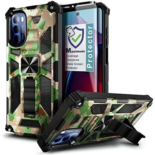 NZND Case for Motorola Moto G 5G (2022) with Tempered Glass Screen Protector (Maximum Coverage), Full-Body Protective [Military-Grade] Built-in Kickstand Car Magnetic Heavy-Duty Case (Camo)