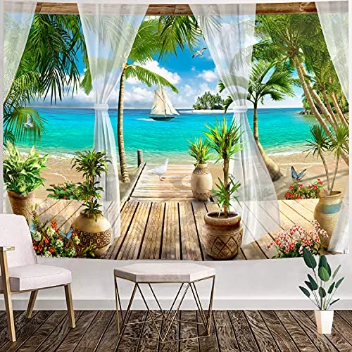 Ocean Beach Tapestry,Coconut Tree Tapestry Wall Hanging Palm Tree Tapestry Bohemian Tropical Paradise Sea Hawaii Landscape Tapestry Nature Scenery for Living Room,Home Decor