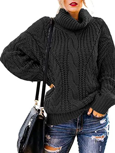 OHDREAM Womens Plus Size Turtleneck Sweater Cowl Neck Chunky Knit Batwing Long Sleeve Winter Pullover Sweaters Jumper Light Black