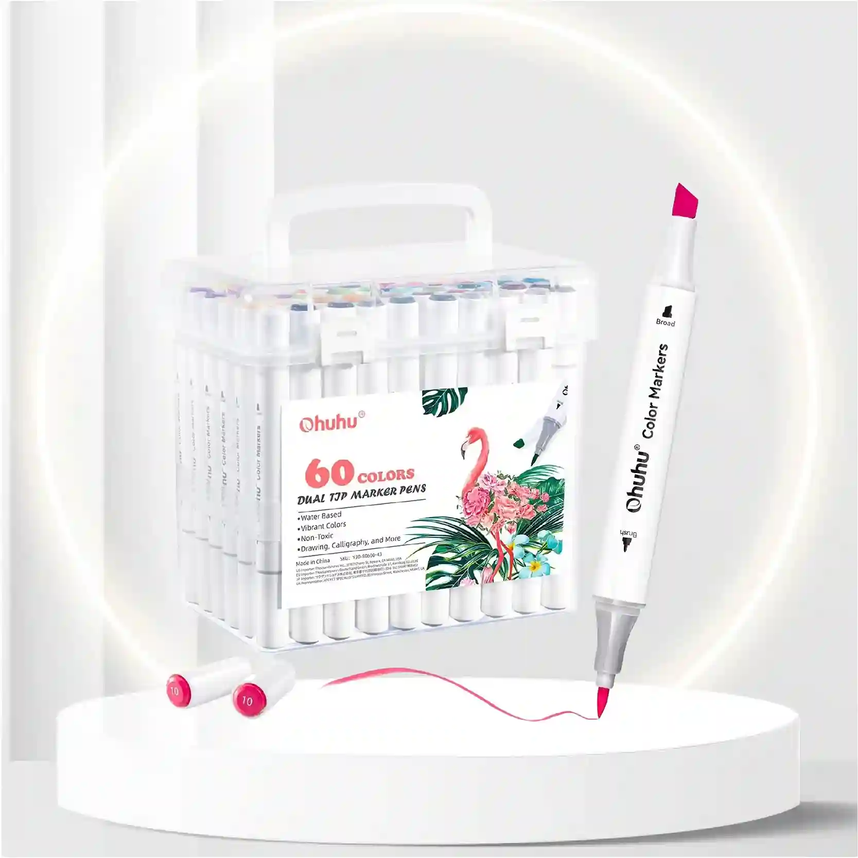 Ohuhu Markers Water-Based Double Tipped 60 Colors Art Markers for Adults Coloring Calligraphy Drawing Sketching Bullet Journal, 59 Colors + 1 Colorless Blender, Chisel & Brush Dual Tips