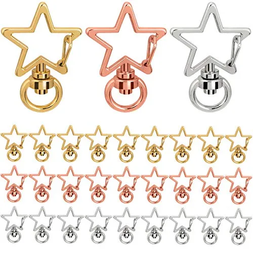 OIIKI 30Pcs Star Keychain, Alloy Swivel Lobster Claw Clasp, DIY Crafts Spring Snap Hanging Buckle Key Ring/Chips for Bag, Jewelry Making-Silver, Golden and Rose Gold Color (Each Color 10 PCS)