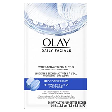 Olay Daily Facials, Deeply Purifying Clean, 5-in-1 Cleansing Wipes with Power of a Makeup Remover, Scrub, Toner, Mask and Cleanser, 66 count