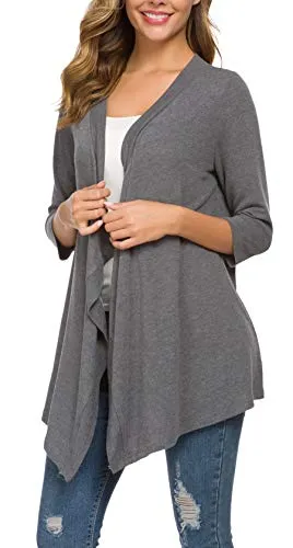 OLRAIN Women 3/4 Sleeve Open Front Cardigans Striped Loose Coverup Coat Tops (Gray, Medium)