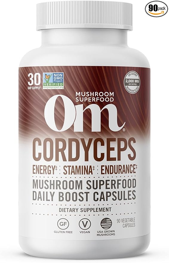 OM MUSHROOM SUPERFOOD Cordyceps Mushroom Capsules Superfood Supplement, 90 Count, 30 Days, Organic Energy Supplement for Stamina and Endurance
