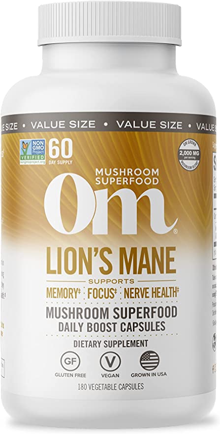 Om Mushroom Superfood Lion's Mane Mushroom Capsules Superfood Supplement, 180 Count, 60 Days, Fruit Body and Mycelium Nootropic for Memory Support, Focus, Clarity, Nerve Health, Creativity and Mood