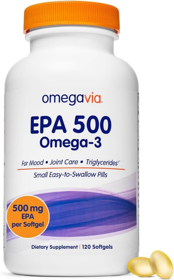 OmegaVia EPA 500 Omega-3 Fish Oil, 120 Capsules, 500 mg EPA/Pill, High-Purity EPA Formula (Triglyceride Form), IFOS 5-Star Certified, w/ Fish Gelatin Capsule, Gluten-Free, Non-GMO