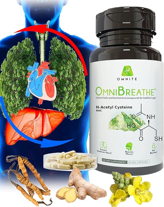 OMNIBREATHE - Blend w. NAC & Natural Herbs for Asthma Relief,Bronchial Health,Lung Cleanse and Detox for Smokers,Respiratory Wellness,Naturally Reduce Cough & Clear Mucus/Phlegm,60 Veg Capsules