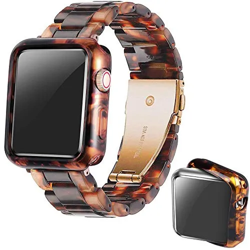 Omter Band with Case Compatible with Apple Watch 44mm 42mm 40mm 38mm, Women Men Fashion Resin Band Strap Compatible with iWatch Series SE/6/5/4,Series 3/2/1(Tortoise-Tone, 38mm)