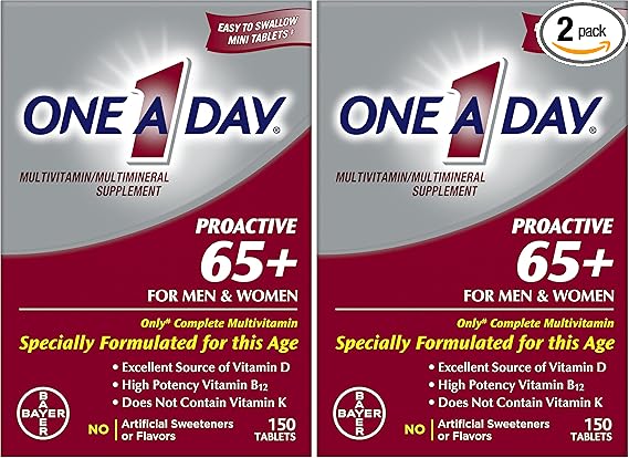 ONE A DAY Proactive 65+, Mens & Womens Multivitamin, Supplement with Vitamin A, Vitamin C, Vitamin D, and Zinc for Immune Health Support*, Calcium, Folic Acid & More, Tablet 150 Count (Pack of 2)