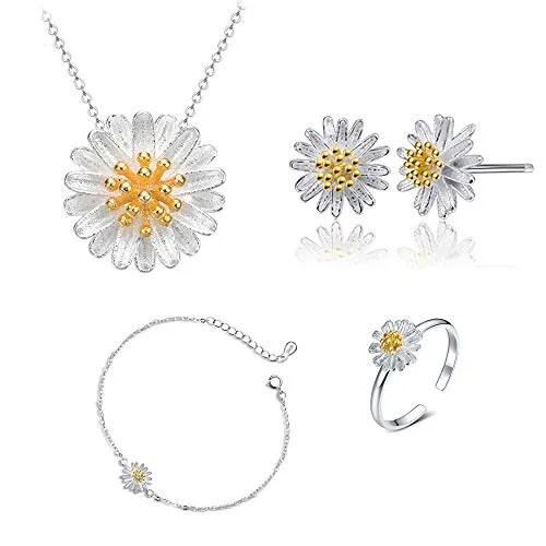 ONEYIM 5Pcs Women Fashion Jewelry Set Silver Small Daisy Flower Necklace Earring Ring Bangle Set Jewelry Sets
