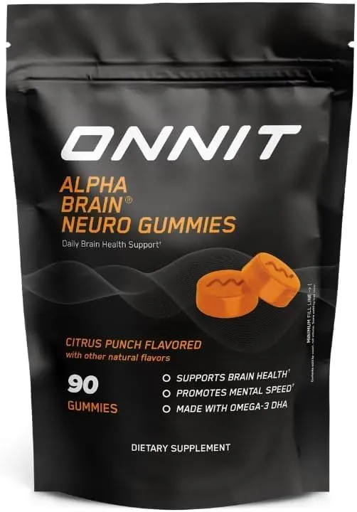 ONNIT Alpha Brain Neuro Focus Gummies, IGEN Non-GMO Tested Vegan Gummies with Omega-3s, Lutein, Zeaxanthin & Caffeine Brain, Eye & Focus Supplement for Men & Women, Citrus Punch Flavor, 90 Count