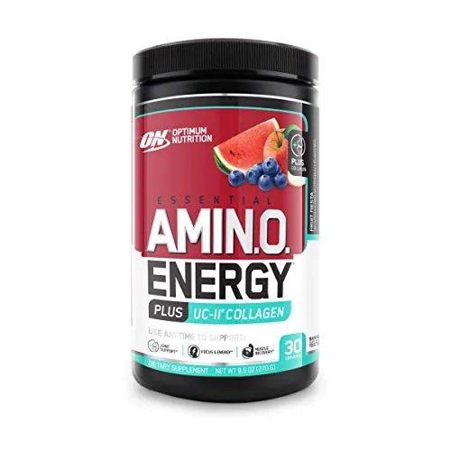 Optimum Nutrition Amino Energy + Collagen Powder - Pre Workout, Post Workout Muscle Recovery Energy Powder with Amino Acids, Vitamin C for Immune Support - Fruit Fiesta, 30 Servings