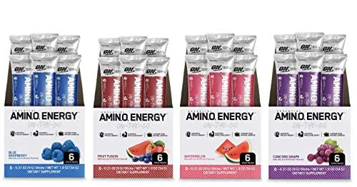 Optimum Nutrition Amino Energy Multipack - Pre Workout with Green Tea, BCAA, Amino Acids, Keto Friendly, Energy Powder - Grape, Fruit Fusion, Blue Raspberry and Watermelon (24 Count, 6 per Flavor)